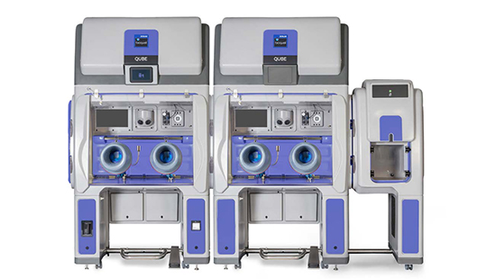 M-11 configuration of the Bioquell Qube with a bio-decontamination chamber on the left, testing chamber in the middle, and transfer device on the right