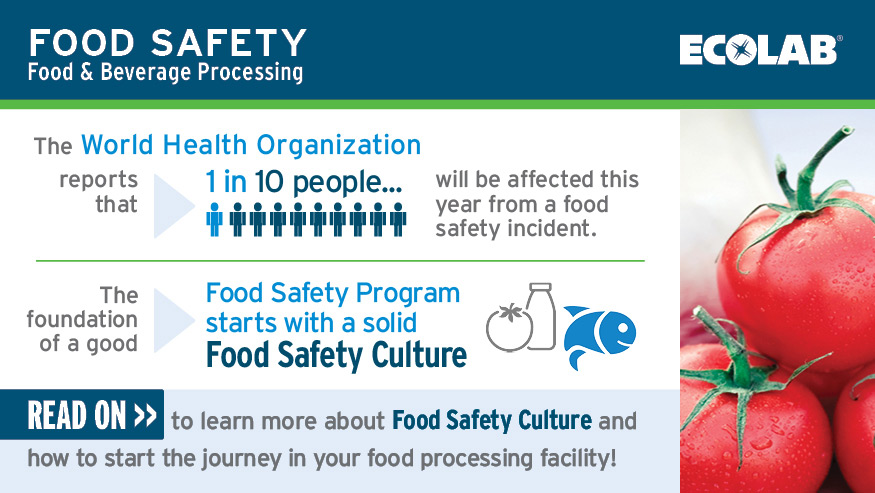 Infographic depicting tomatoes and text that reads, "Food Safety Food & Beverage Processing: The World Health Organization reports that 1 in 10 people will be affected this year from a food safety incident. The foundation of a good food safety program starts with a solid food safety culture. Read on to learn more about Food Safety Culture and how to start the journey in your food processing facility!"
